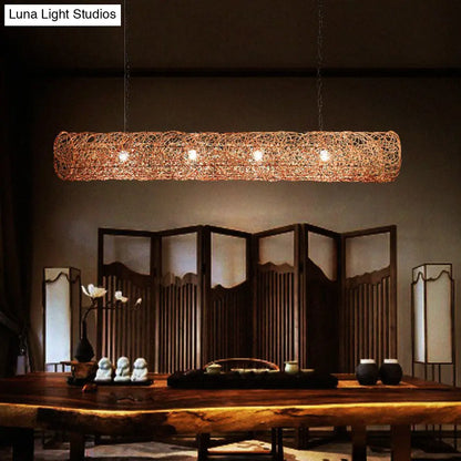 DecorBites™ Cylindrical Rattan Island Pendant Light - Southeast Asian Style with 3 Bulbs for Tea Room Ceiling
