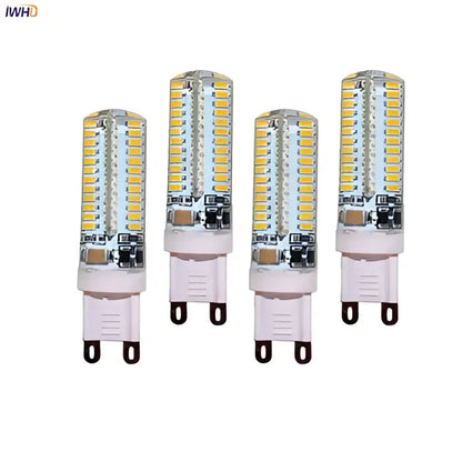 Four white cylindrical warm white led g9 bulbs with multiple yellowish leds 3w led decorbites 4 pack kitchen light