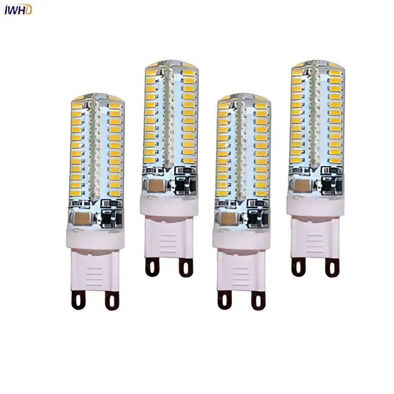 Four white cylindrical warm white led g9 bulbs with multiple yellowish leds 3w led decorbites 4 pack kitchen light