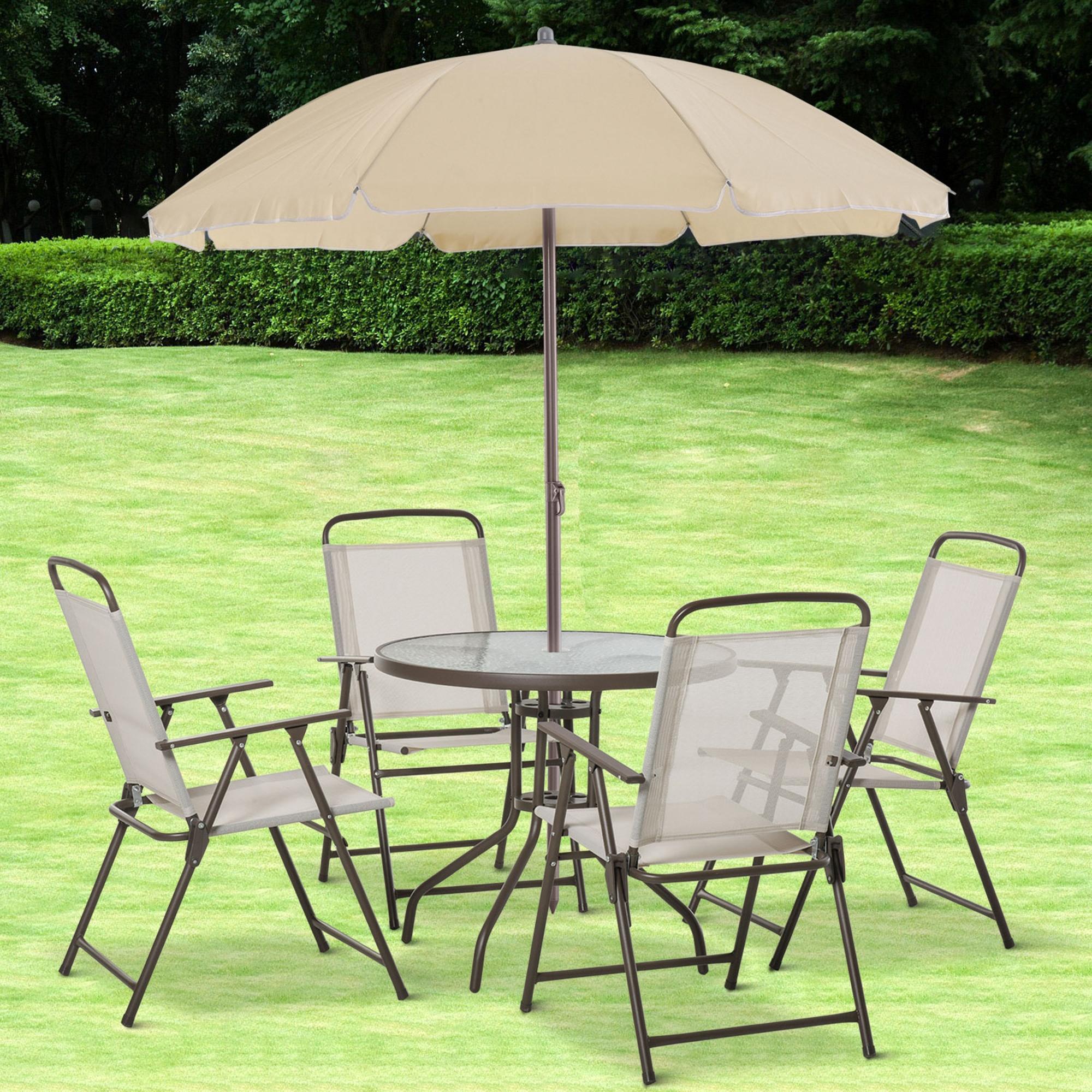 Juego de Comedor para Terraza de 6 Piezas con Sombrilla, Sillas Plegables y Mesa de Cristal, Beige - Configuración para Comidas al Aire Libre