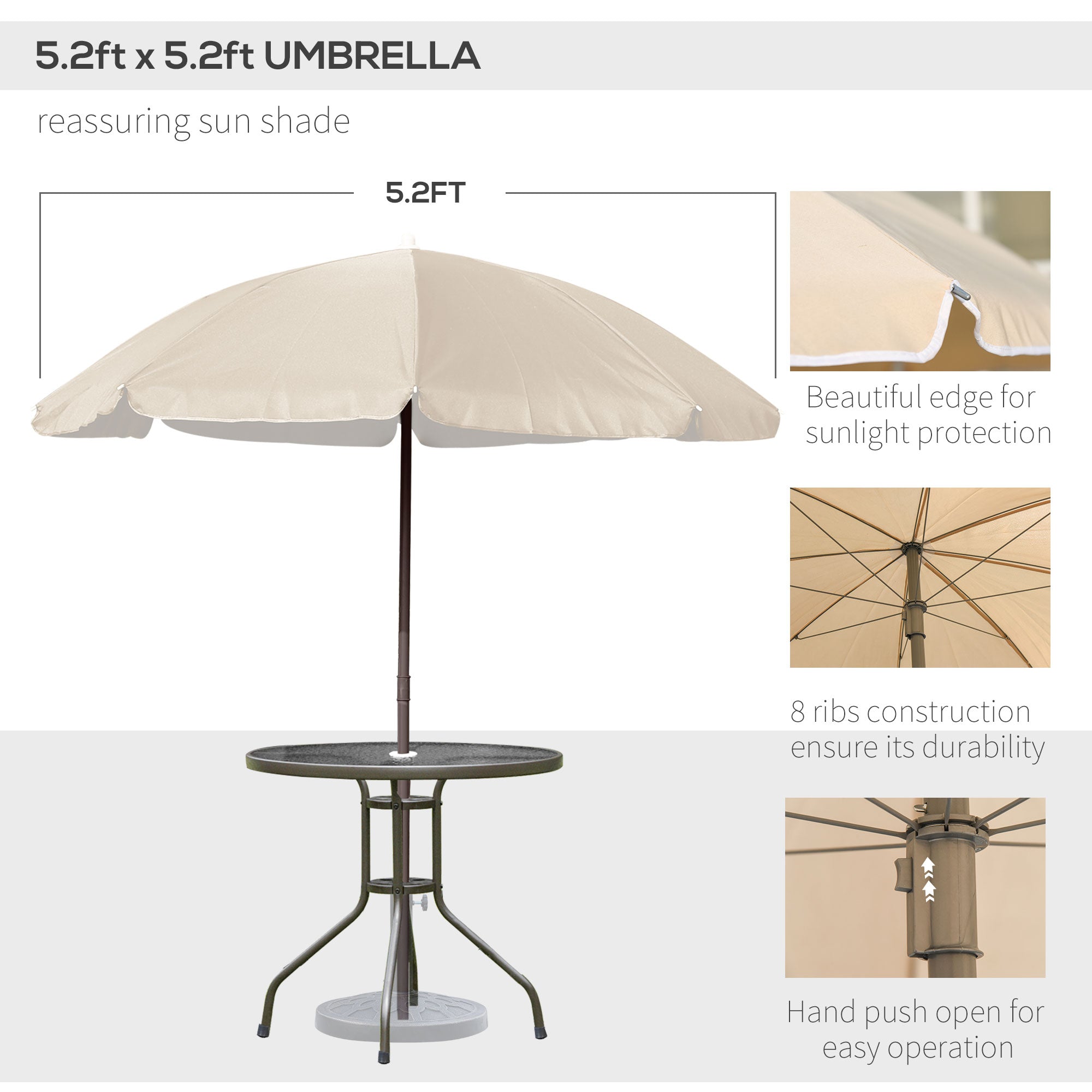 Juego de Comedor para Terraza de 6 Piezas con Sombrilla, Sillas Plegables y Mesa de Cristal, Beige - Configuración para Comidas al Aire Libre