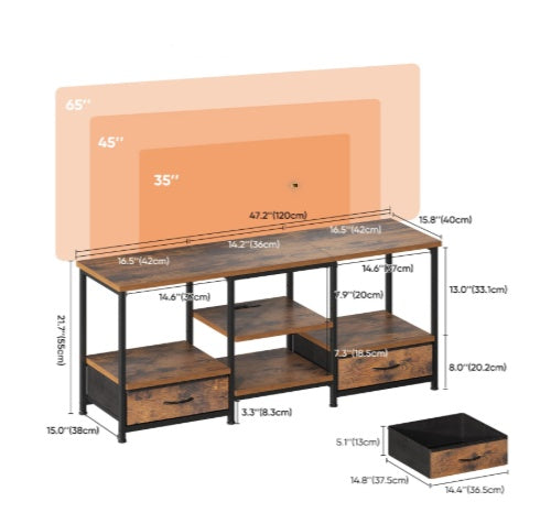 Soporte de TV con 2 Cajones de Tela, Toma Integrada - Perfecto para la Sala de Estar y el Dormitorio