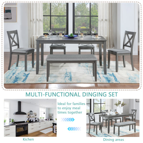 6-teiliges Küchen-Esszimmer-Set, rechteckiger Holztisch mit 4 gepolsterten Stühlen und einer Bank, Esstisch-Set für 6 Personen, Wohnzimmer, Hausbar und Küche, Grau