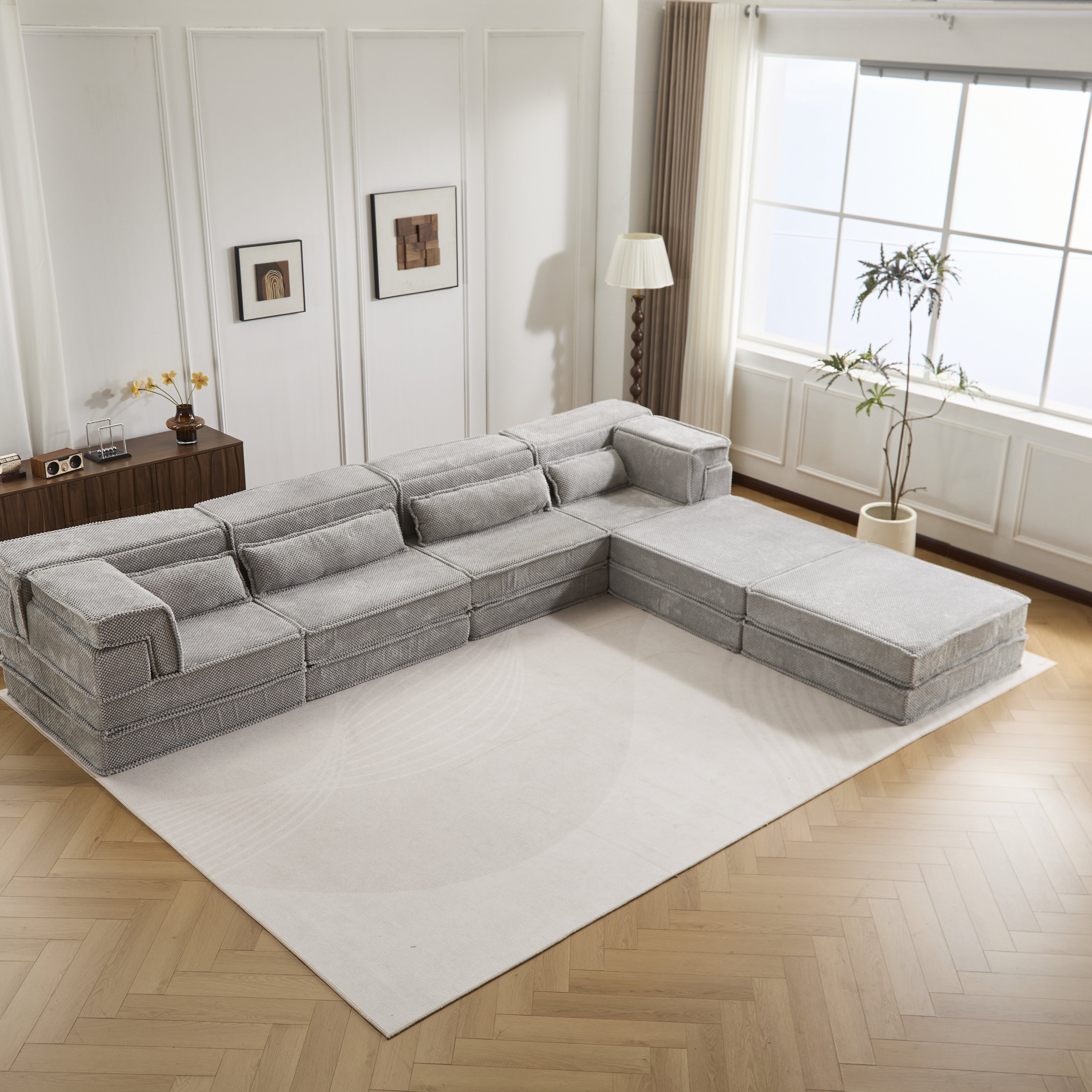 Sofá Mahjong de Compresión, Sofá Cama Convertible para el Suelo, Sofá Seccional Modular sin Huesos DIY, Sin Ensamblaje Requerido, Tejido de Lana de Cirlo, Cuatro Plazas Sobredimensionado con 2 Otomanos, Gris Claro