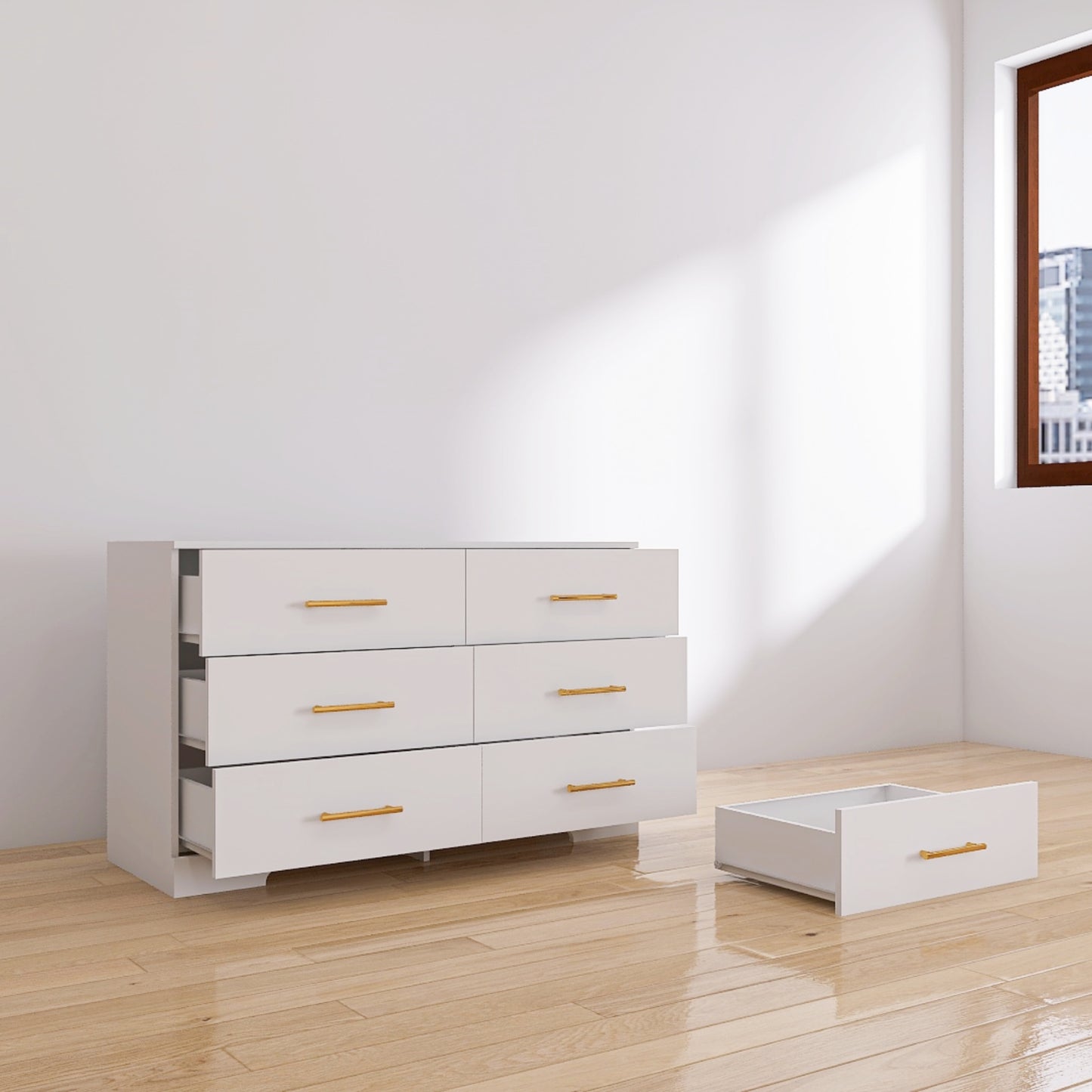 White Color Large 6 Drawers Chest Of Drawer Dressers Table With Golden Handle