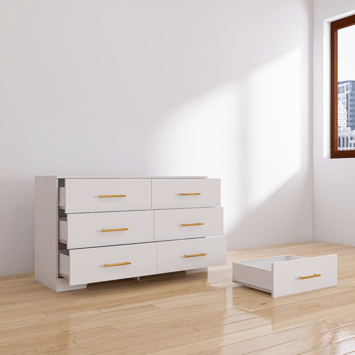 Cómoda de 6 cajones grande de color blanco con manijas doradas