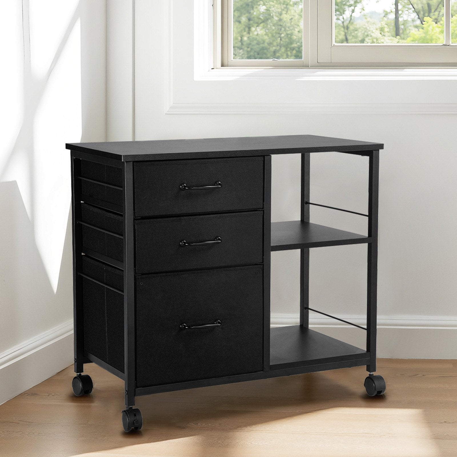 Mobiles Metallbüro-Sideboard mit 3 Stoffschubladen und 2 offenen Regalböden, schwarz