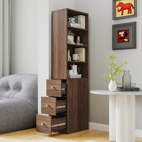 Gabinete de Almacenamiento para Pantalla de 70.87 H, Estante de 4 Niveles, 3 Cajones Laterales, Estantería Alta Moderna de Madera para Libros para Sala de Estar o Oficina en Casa