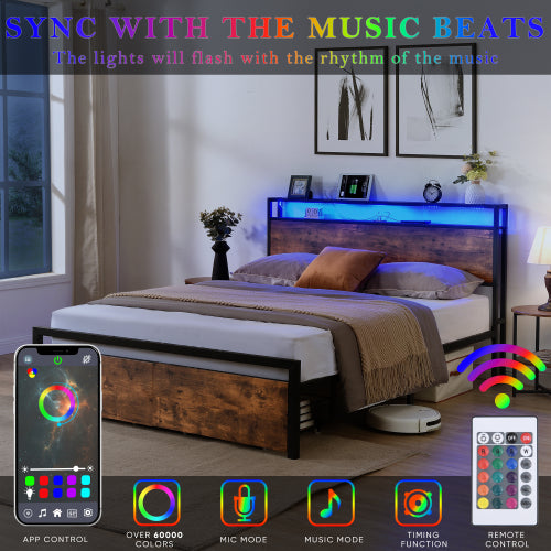 Queen-Size-Bettgestell mit Stauraum-Kopfteil und 2 Schubladen, LED-Licht-Bett mit Lade-Station