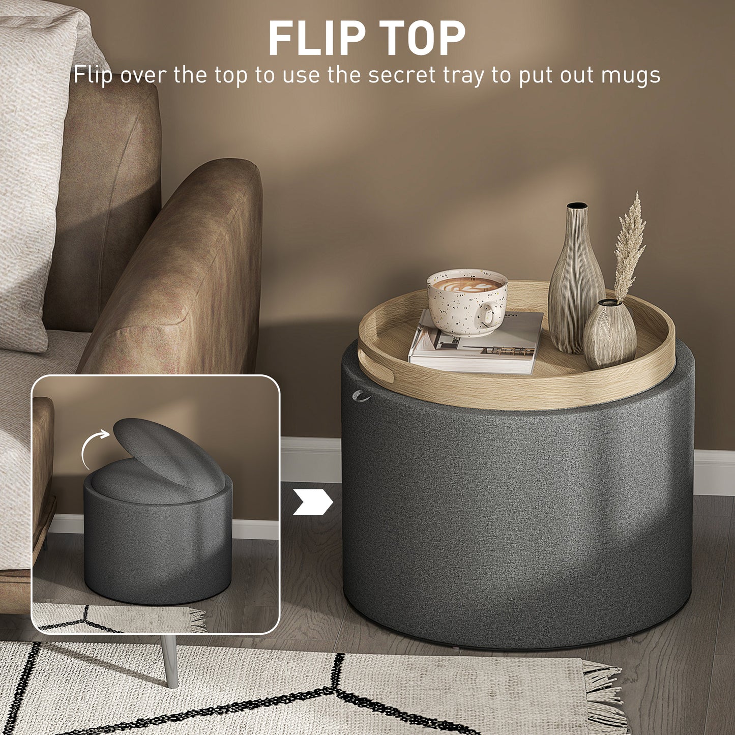 Round Storage Ottoman Coffee Table with Flip Top Tray