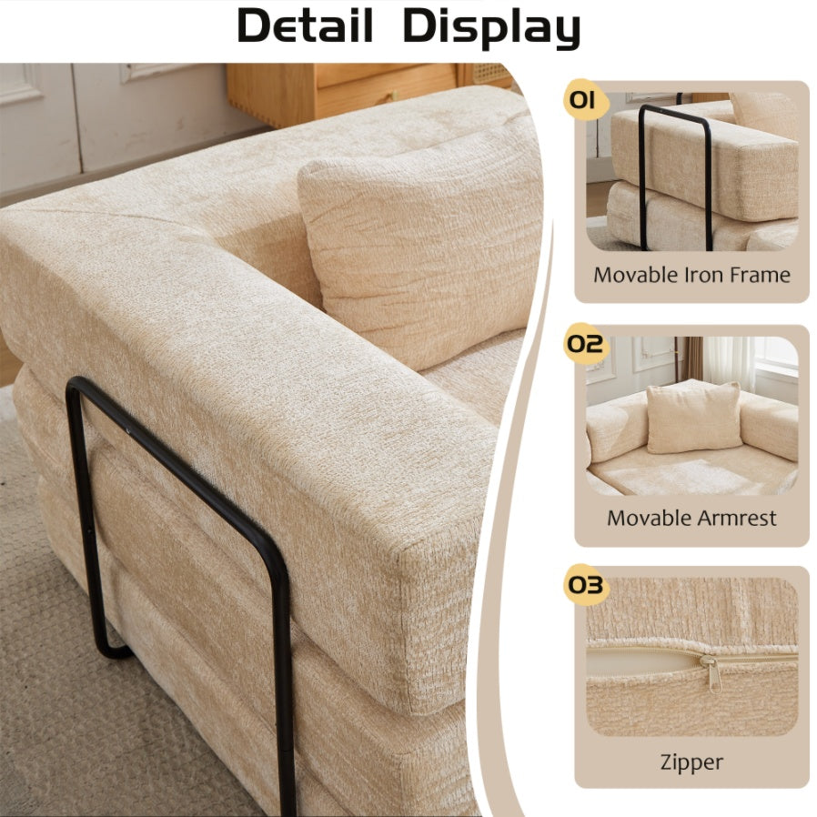 Sofá de Compresión, Sofá Cama Convertible para el Suelo con Marco de Forma Fija, Sofá Seccional Modular sin Huesos, Sin Ensamblaje Requerido, Tela de Chenille, para Sala de Estar y Dormitorio, Beige