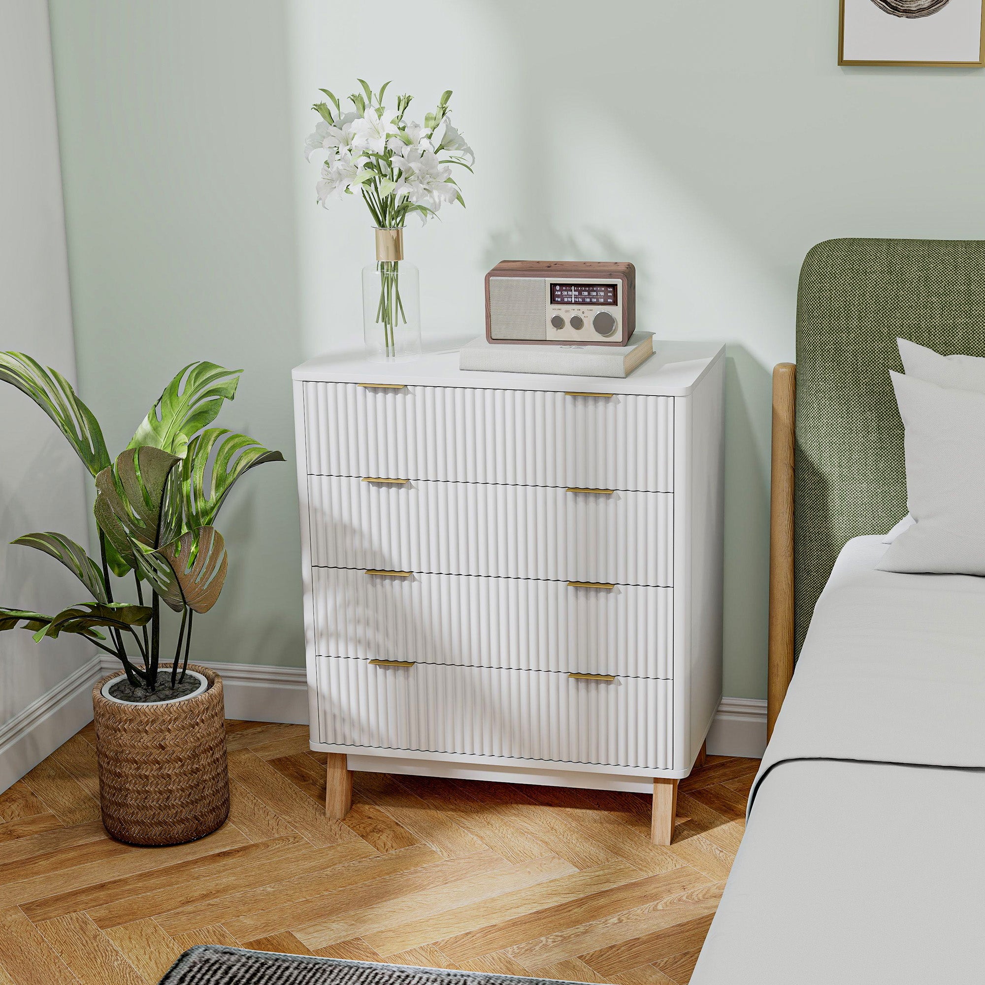 Cómoda Doble de 4 Cajones para Dormitorio, Peinador con Cajones Estriados con Tiradores de Oro y 4 Patas de Madera, Blanco