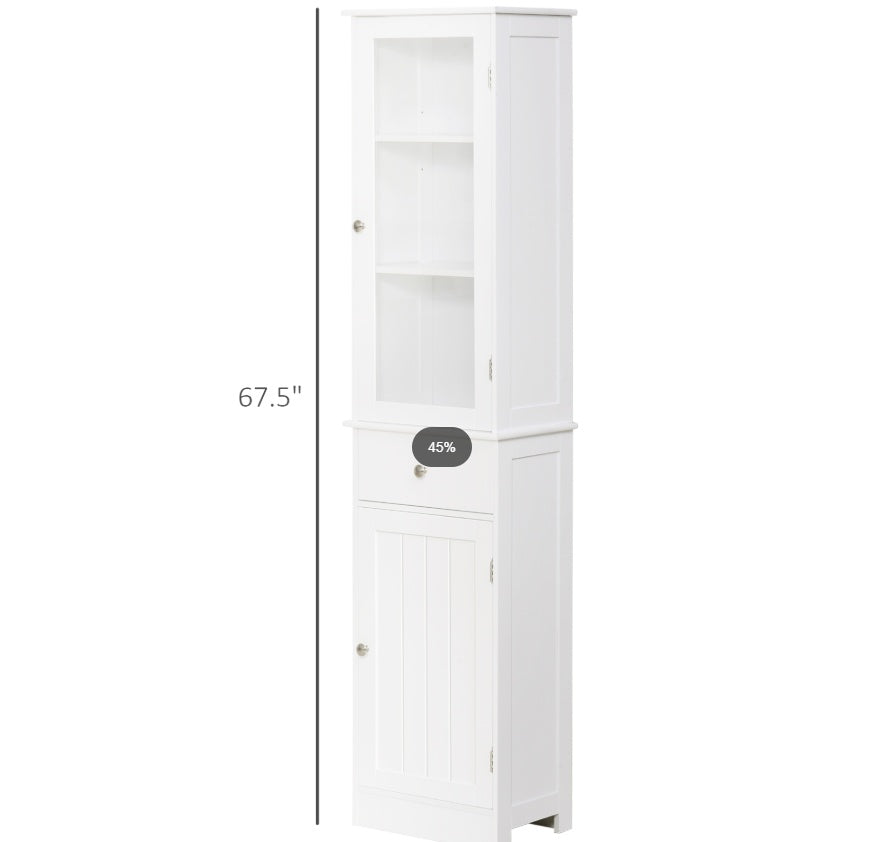 Armario de Almacenamiento para Baño Kleankin Slim Alto Estrecho Torre para Sábanas con Puerta de Acrílico Cajón y Estantes Blanco