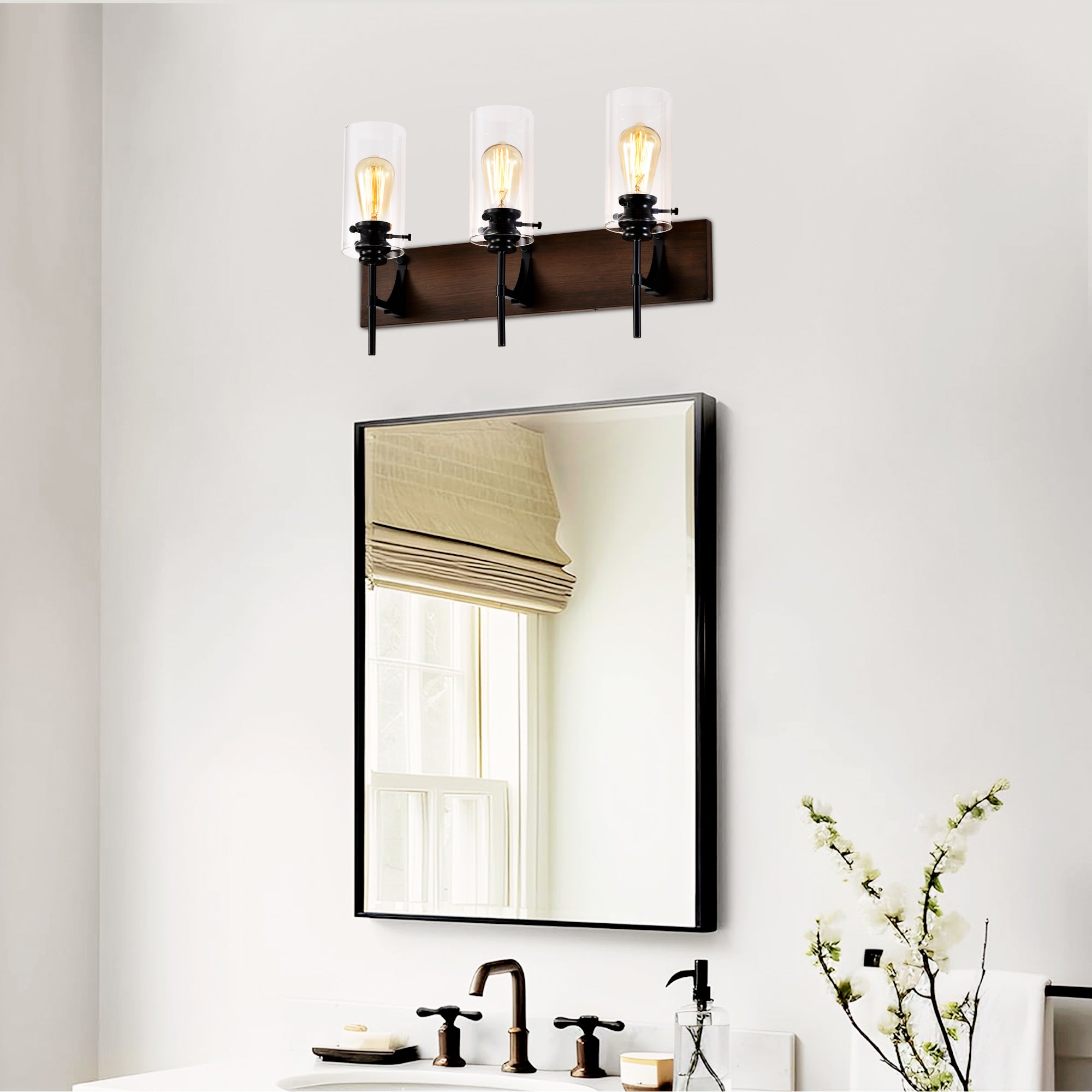 Luminarias de baño de 3 luces en color negro mate y madera, luces modernas para tocador con pantalla de vidrio, luminaria vintage para baño sobre el espejo, luces de pared para cocina, comedor, dormitorio y pasillo