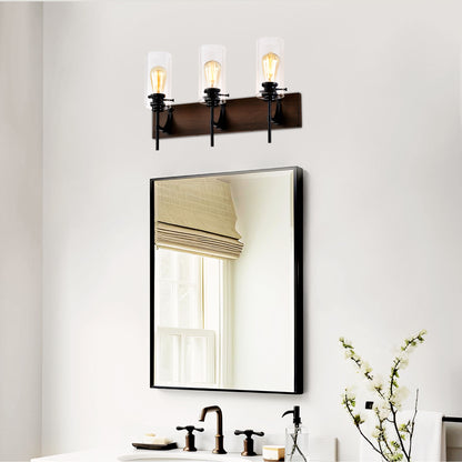 Luminarias de baño de 3 luces en color negro mate y madera, luces modernas para tocador con pantalla de vidrio, luminaria vintage para baño sobre el espejo, luces de pared para cocina, comedor, dormitorio y pasillo
