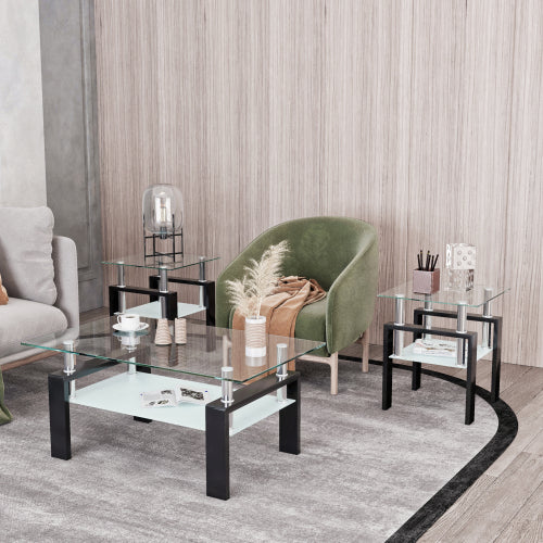 Juego de 2, Mesa de Té de Vidrio Templado Moderna, Mesa de Café, Mesa Auxiliar, Mesa Cuadrada para Sala de Estar, Transparente Negra