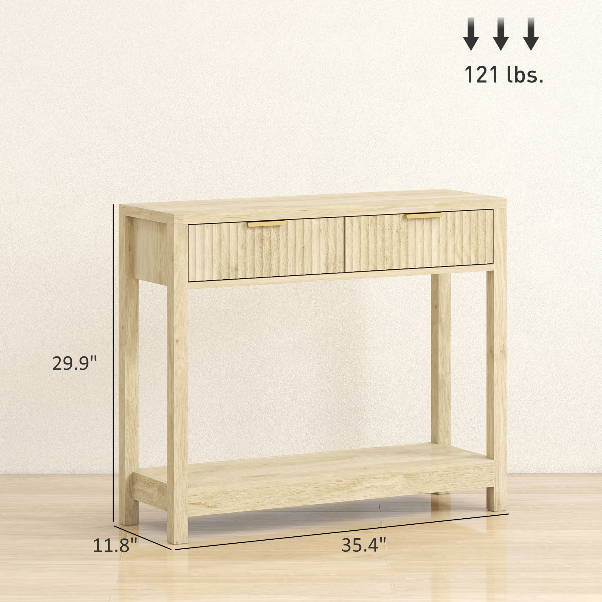 Mesa de Consola de 35" con Almacenamiento, Mesa Estrecha para Entrada con Cajones de Paneles Acanalados y Estante para Pasillo, Natural
