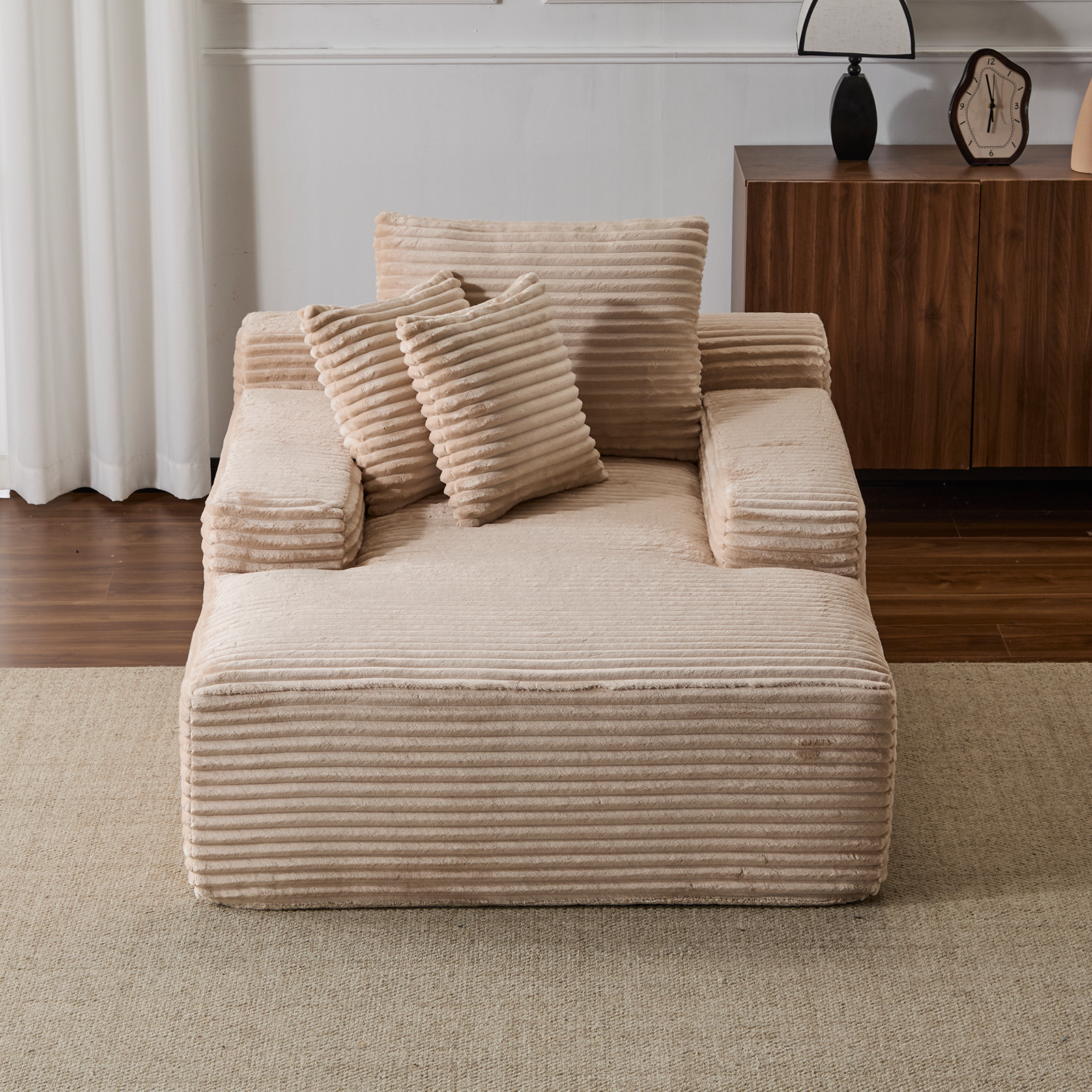 Silla Chaise Lounge Sobredimensionada Cómoda Nube, Sofá Moderno con Tapizado de Terciopelo Acanalado Mullido, Sofá Cama Día con 3 Cojines Decorativos y Reposabrazos Anchos para Sala de Estar, Sin Ensamblaje Requerido, Beige