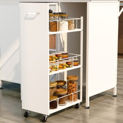 Isla de Cocina con Espacio de Almacenamiento, Barra de Desayuno con Panel Plegable Levadizo, Estantes y Cajones de Gabinete de Almacenamiento Grande, Mesa Grande de Barra de Café con Ganchos, Blanca