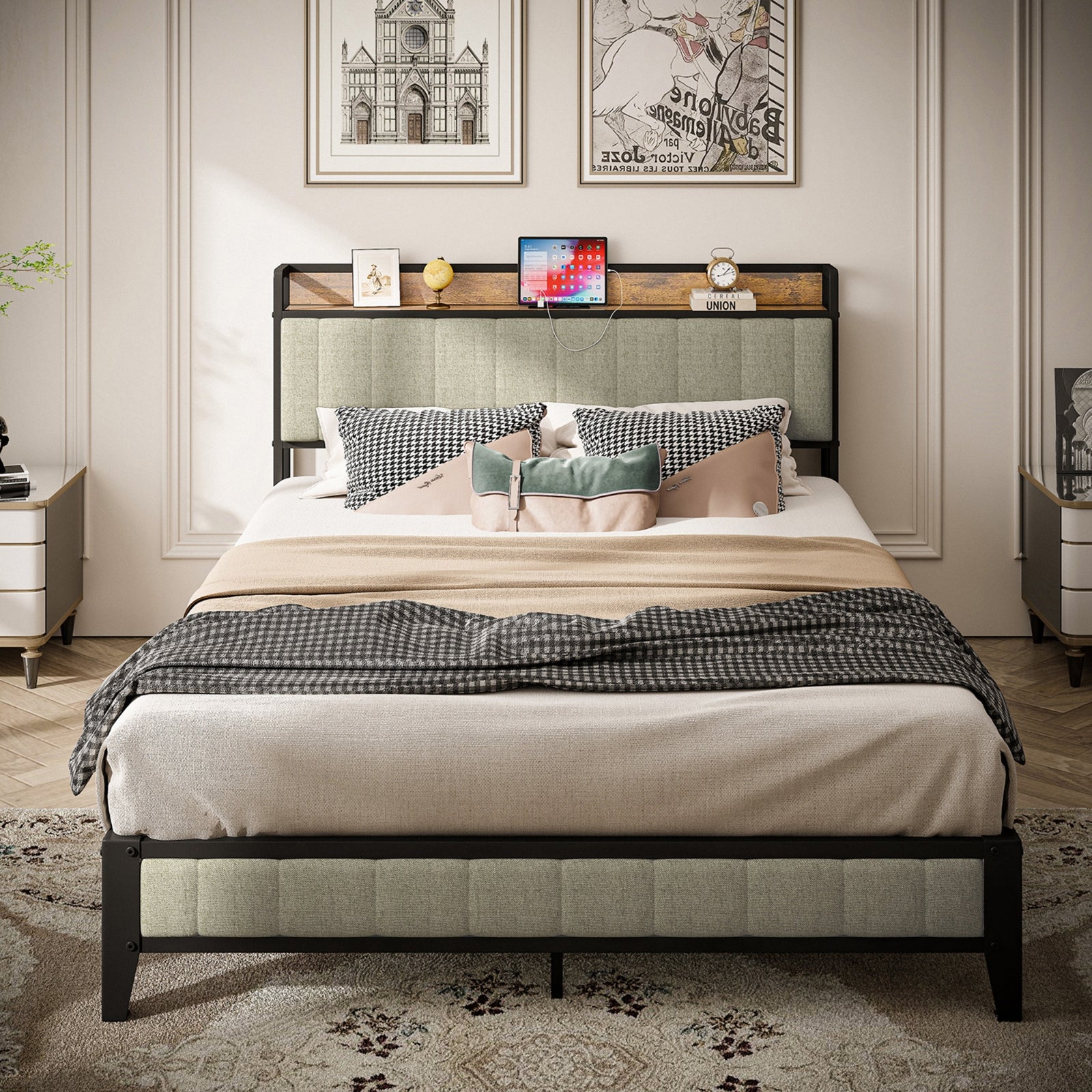 Estructura de Cama Queen Size con Estación de Carga, Cabecero Tapizado, Plataforma de Metal, Gris