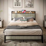 Bettgestell in Queensize mit Lade-Station, gepolstertem Kopfteil, Metallplattform, Grau