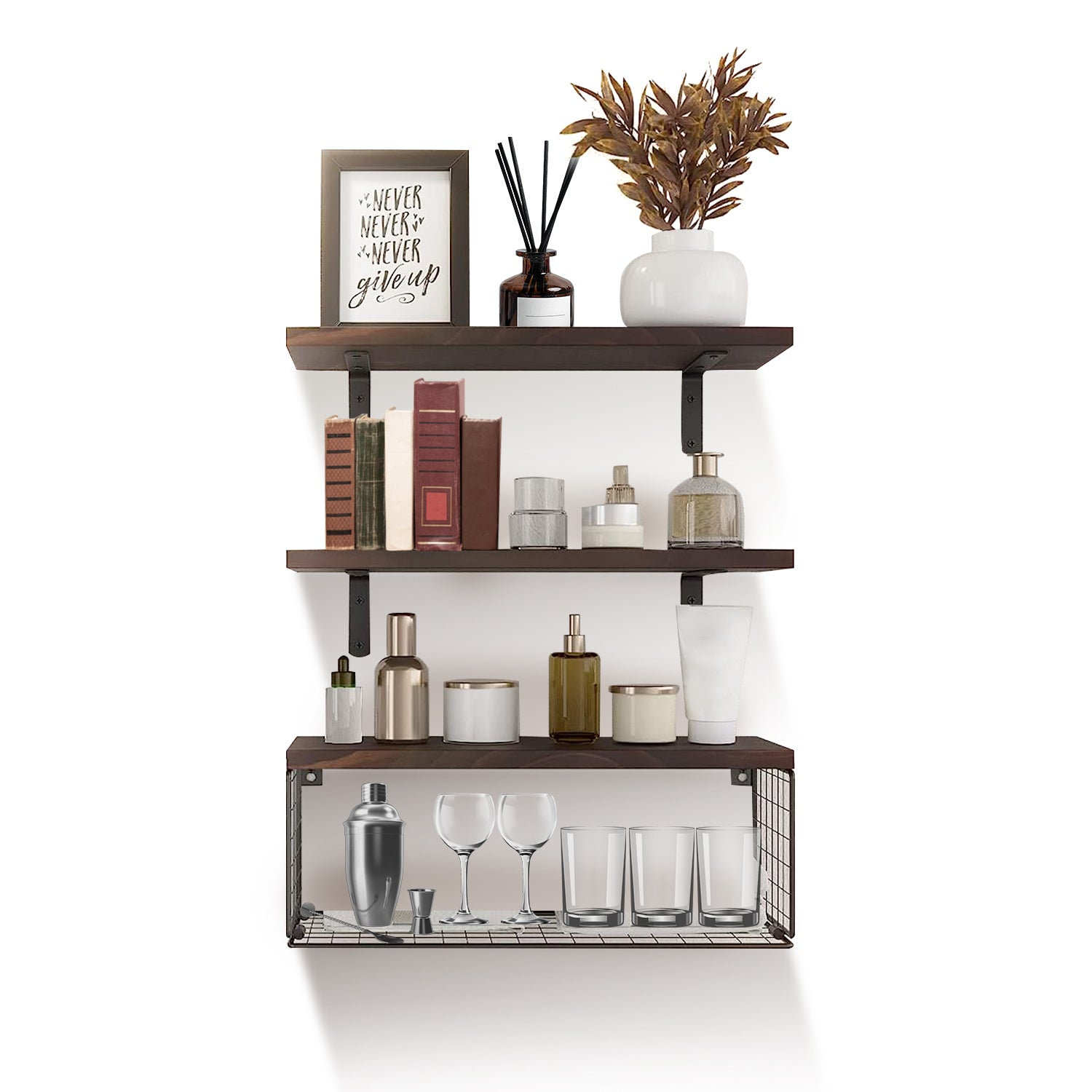 Estanterías Flotantes 2 en 1 Montadas en la Pared con Cesta de Almacenamiento Estanterías para Baño Estanterías sobre el Inodoro Estanterías de Madera para Dormitorio Sala de Estar Cocina Oficina Decoración de Pared para Plantas