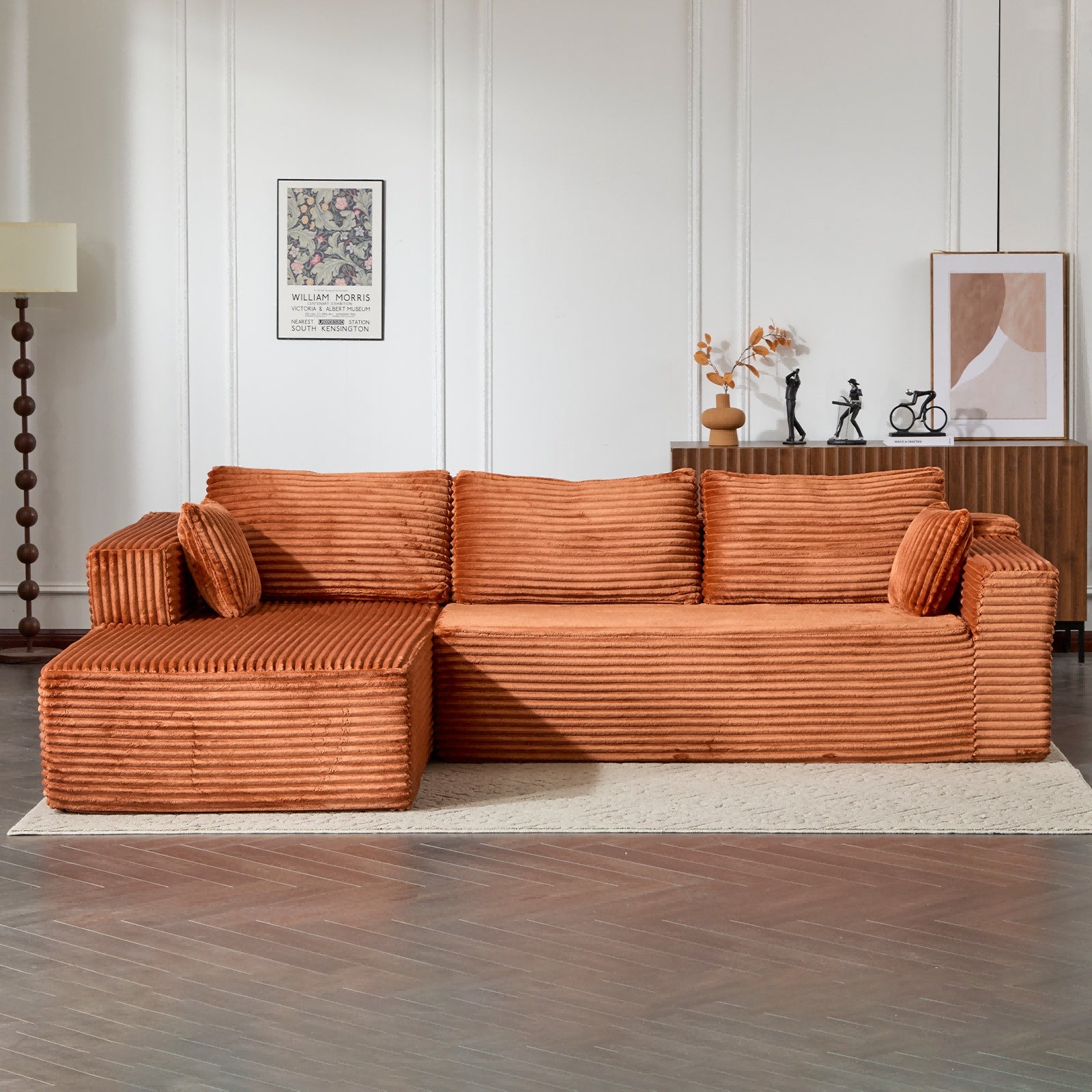 Sofá Seccional de Compresión con Chais Cómodo, Sofá en Forma de L sin Estructura Ósea con Asiento Profundo, Sofás Modulares Minimalistas con Función de Cama para Sala de Estar, Dormitorio, Apartamento o Sala de Recreo, Terciopelo Cordoné, Marrón