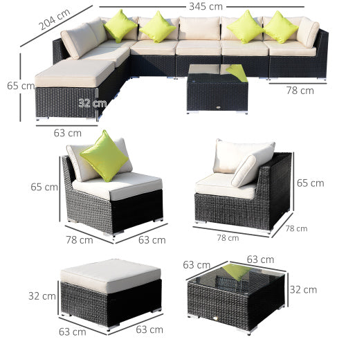 Outsunny Conjunto de Sofá de Esquina de Ratán PE de 8 Piezas con Cojines Gruesos, Conjunto de Muebles de Jardín de Ratán Exterior de Aluminio con Mesa de Tapa de Vidrio, Sin Ensamblaje Requerido, Negro