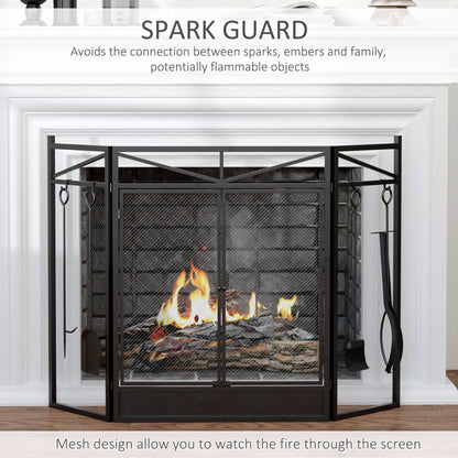 3-Panel Folding Fireplace Screen with 2 Magnetic Doors and Fire Place Tools Set