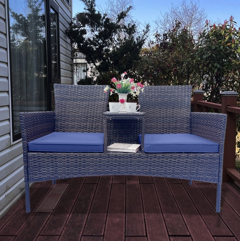 Juego de Muebles de Conversación para Patio de Mimbre, Juego de Muebles de Exterior con Cojines Desmontables y Mesa, Temp
