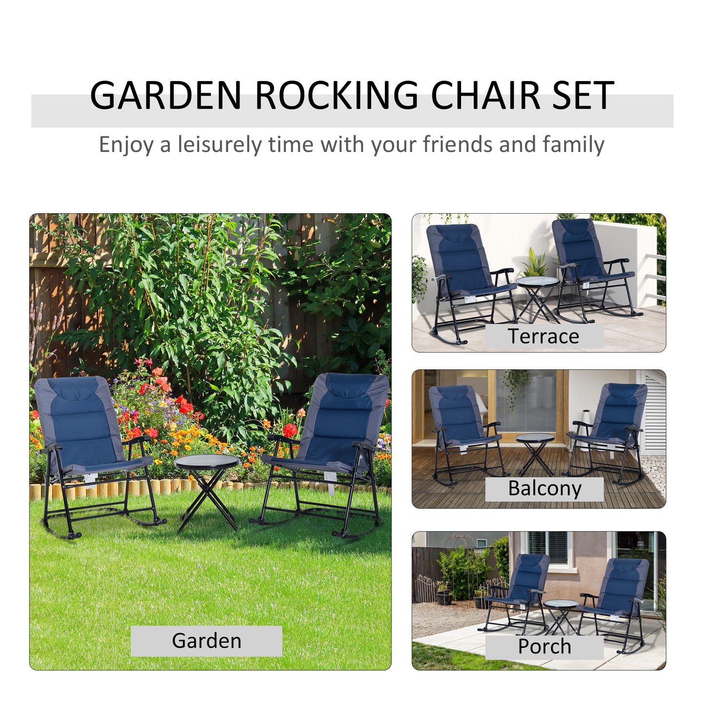 3 Piece Blue Rocking Bistro Set  Patio Chairs   Glass Coffee Table