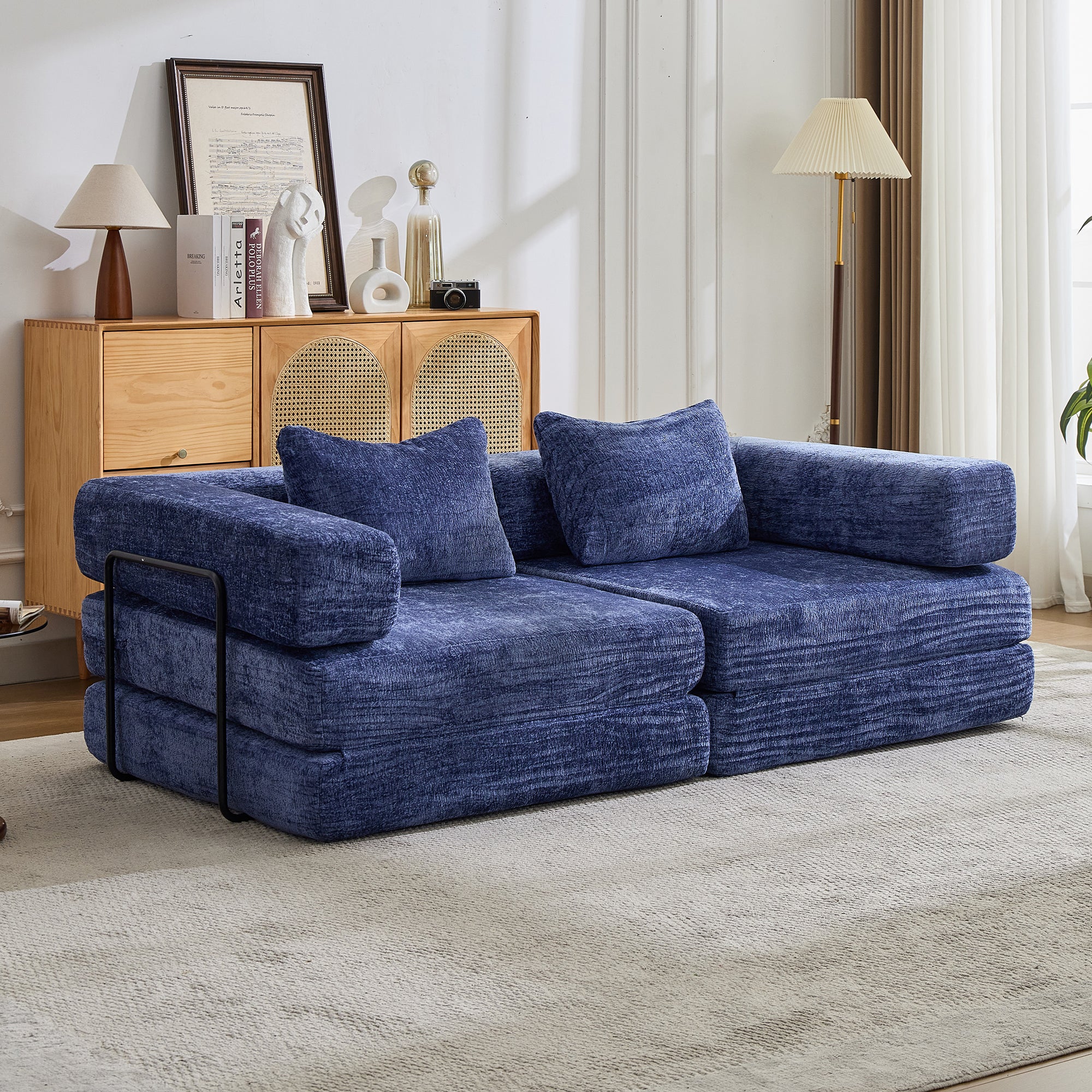 Sofá de Compresión, Sofá Cama Convertible para el Suelo con Marco de Forma Fija, Sofá Seccional Modular sin Huesos para Dos Personas, Sin Ensamblaje Requerido, Tela de Chenille, para Sala de Estar y Dormitorio, Azul Oscuro