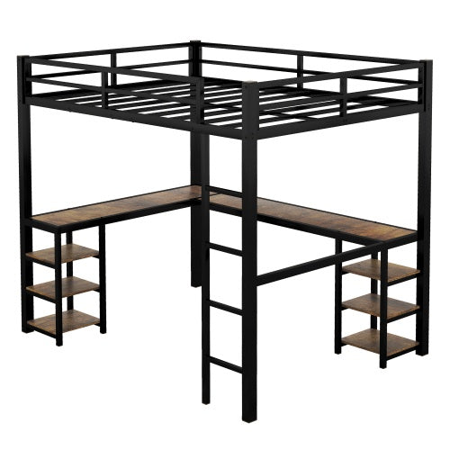 Cama Alta de Metal XL Completa con Escritorio y Estanterías, Cama Alta con Escalera y Barandales, Marco de Cama Alta para Dormitorio, Negro