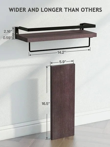 Estantería Flotante para Baño con Barra para Toallas; Conjunto de 2 Estanterías de Pared para Baño, Sala de Estar, Cocina, Dormitorio; Marrón Claro; Marrón Oscuro; Negro.