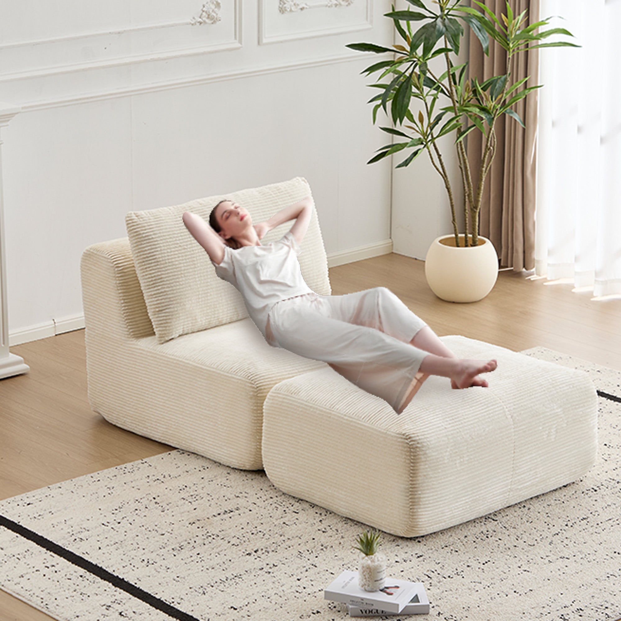 Sofá Moderno de Espuma de Memoria Comprimida, Chaise Longue Individual para Sala de Estar, Sofá Seccional Modular en Forma de Nube Amigable con Mascotas, Tela de Corduroy, Otomana Móvil, Sin Ensamblaje Requerido, Beige