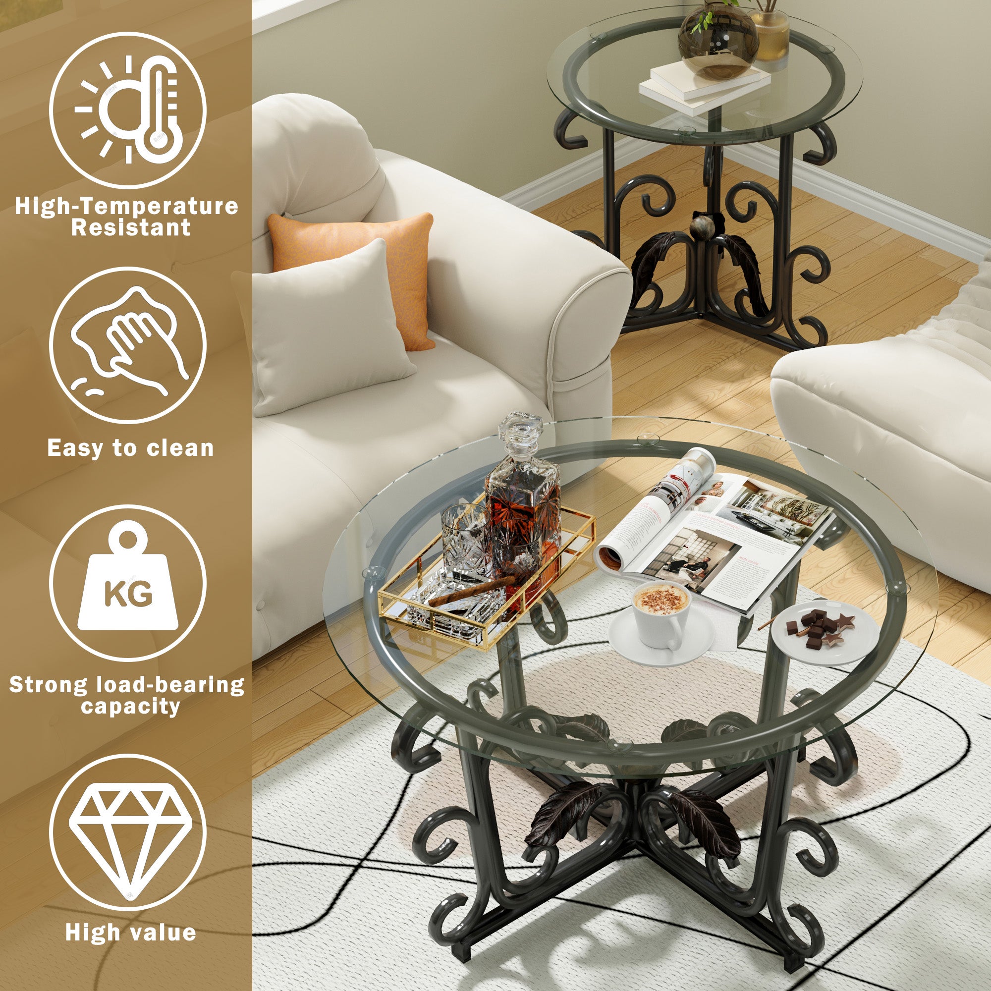 Juego de Mesas de Café de 3 Piezas, Superficie de Vidrio Templado con Marco de Metal Resistente - Conjuntos Modernos para Sala de Estar: 1 Mesa de Café y 2 Mesas Auxiliares, Resistente a Rayones y Fácil de Limpiar para Espacios Pequeños y Apartamentos