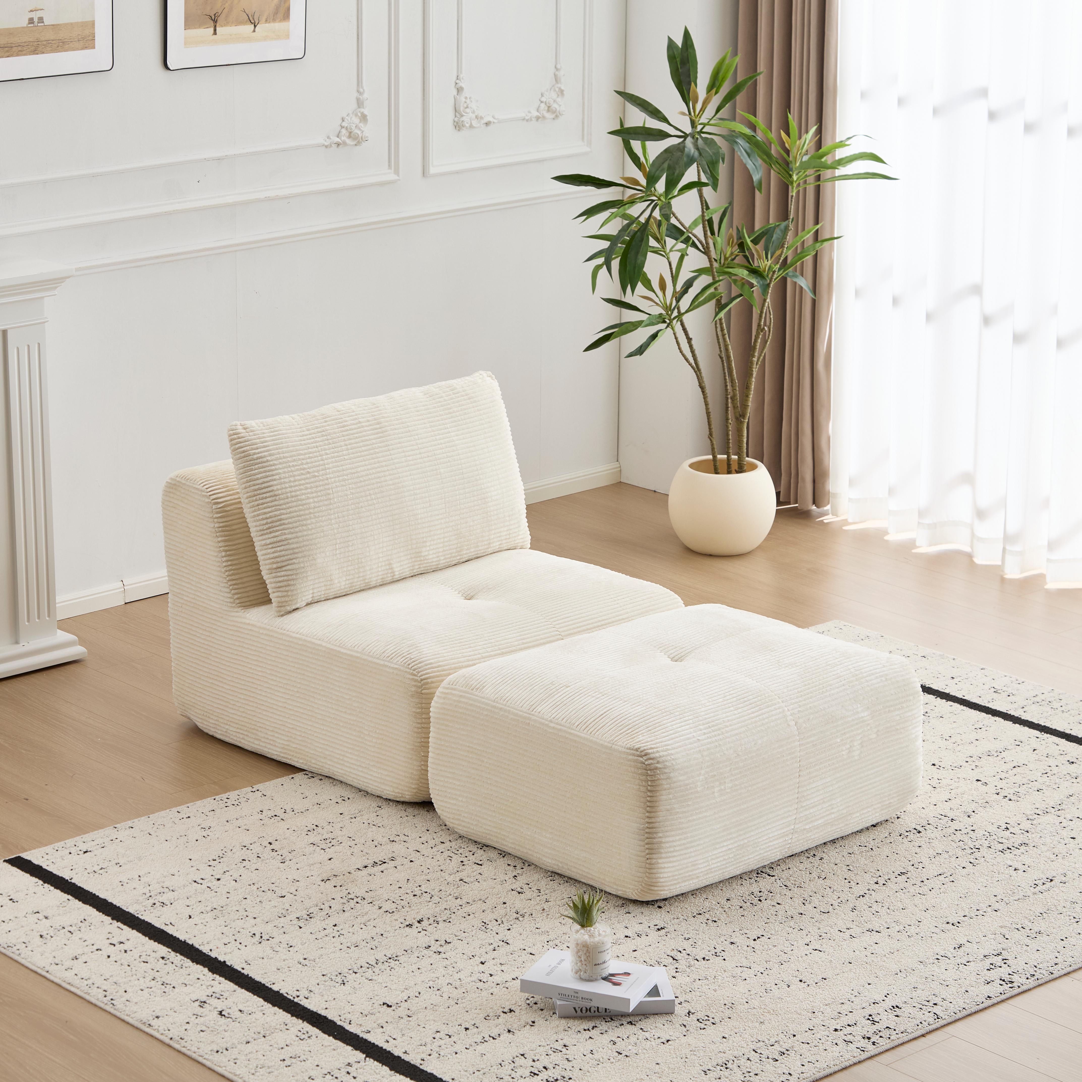 Sofá Moderno de Espuma de Memoria Comprimida, Chaise Longue Individual para Sala de Estar, Sofá Seccional Modular en Forma de Nube Amigable con Mascotas, Tela de Corduroy, Otomana Móvil, Sin Ensamblaje Requerido, Beige