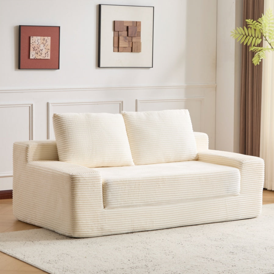 Sofá tipo Loveseat, Sofá cama con asiento profundo cómodo, Sofá moderno pequeño de corduroy para sala de estar o dormitorio, Cojín reversible con almohadas, Sin necesidad de ensamblaje, Blanco