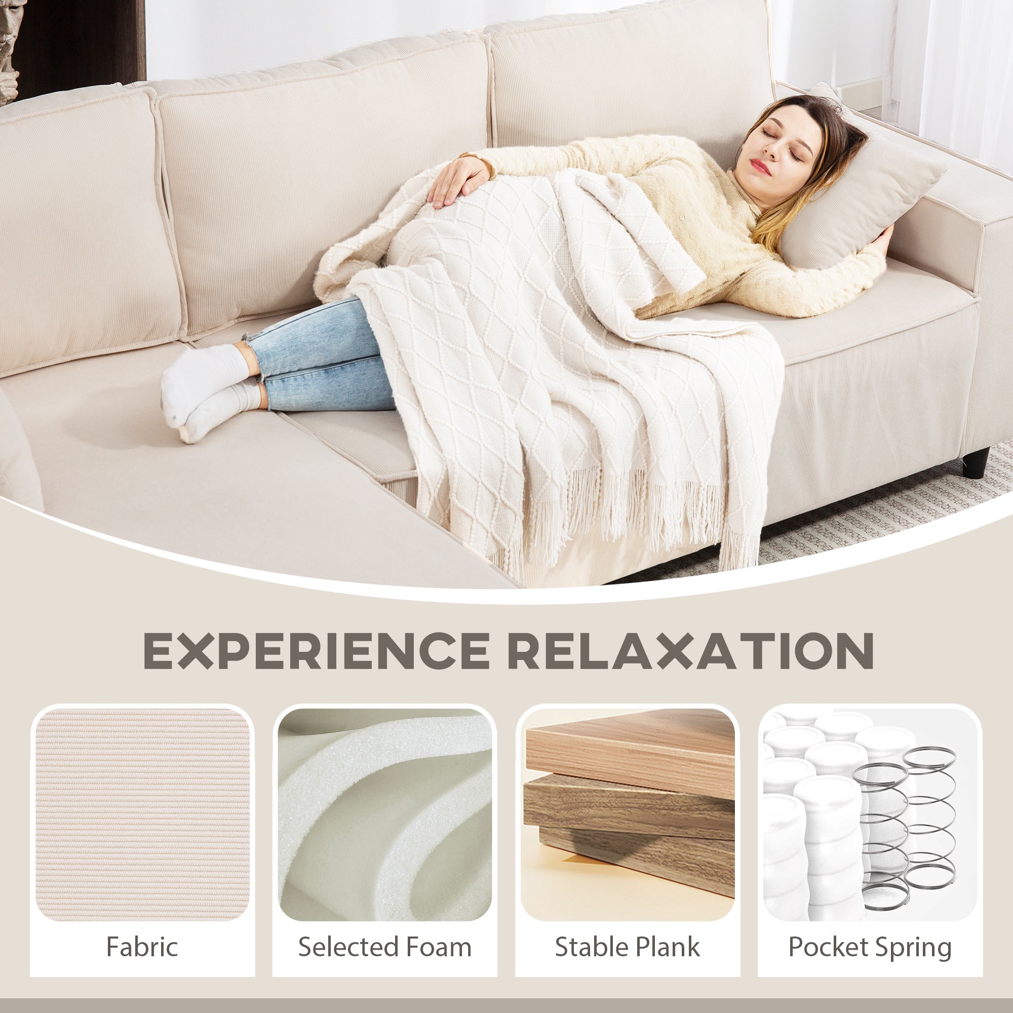 Ecksofa mit umkehrbarem Chaise-Lounge, Cord-Sofa in L-Form mit Taschenfederkern, Cremeweiß