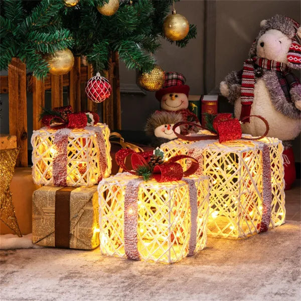 3-Piece Flocked Christmas Gift Boxes - 60 Warm-White LEDs, Timer Function, White+Red Festive Decor