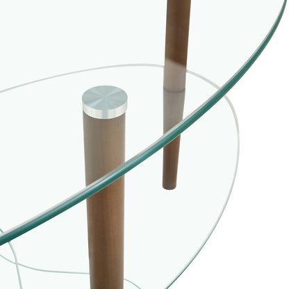 Transparent Oval Glass Coffee Table, 3-Layer Oak Leg Modern Living Room Table