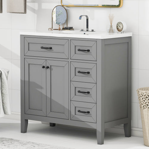 Lavabo de baño de 36 pulgadas con combinación de fregadero, gabinete de baño gris con cajones, marco sólido y tablero de MDF