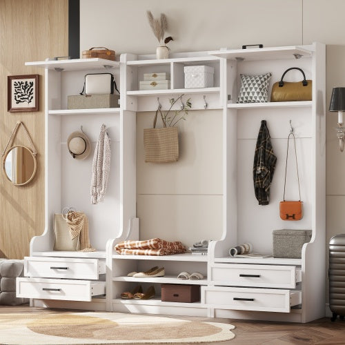 4-in-1 Detachable Hall Tree With Storage And 7 Hooks, Multiple Functions Hallway Coat Rack With Storage Drawers And Cabinet, Black Shoe Bench For Entryway Hallway