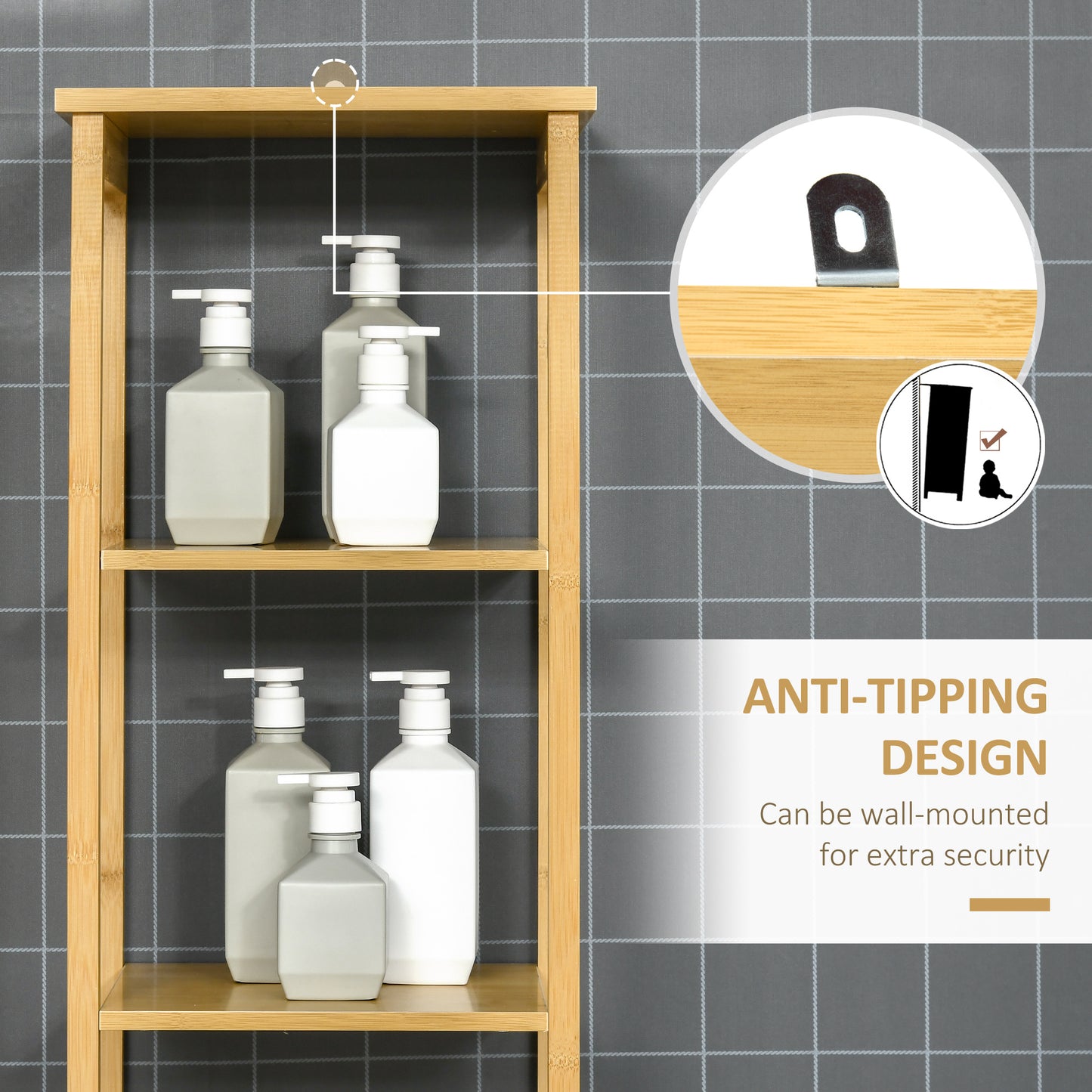 Bathroom Floor Cabinet with 3 Shelves and Cupboard