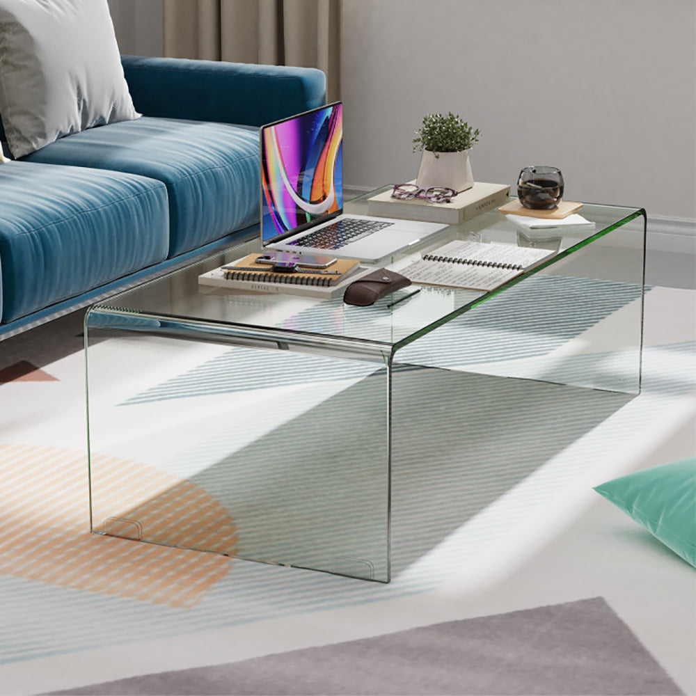 Mesa de café de vidrio de 42,5 x 20 x 14 pulgadas con bordes redondeados para sala de estar