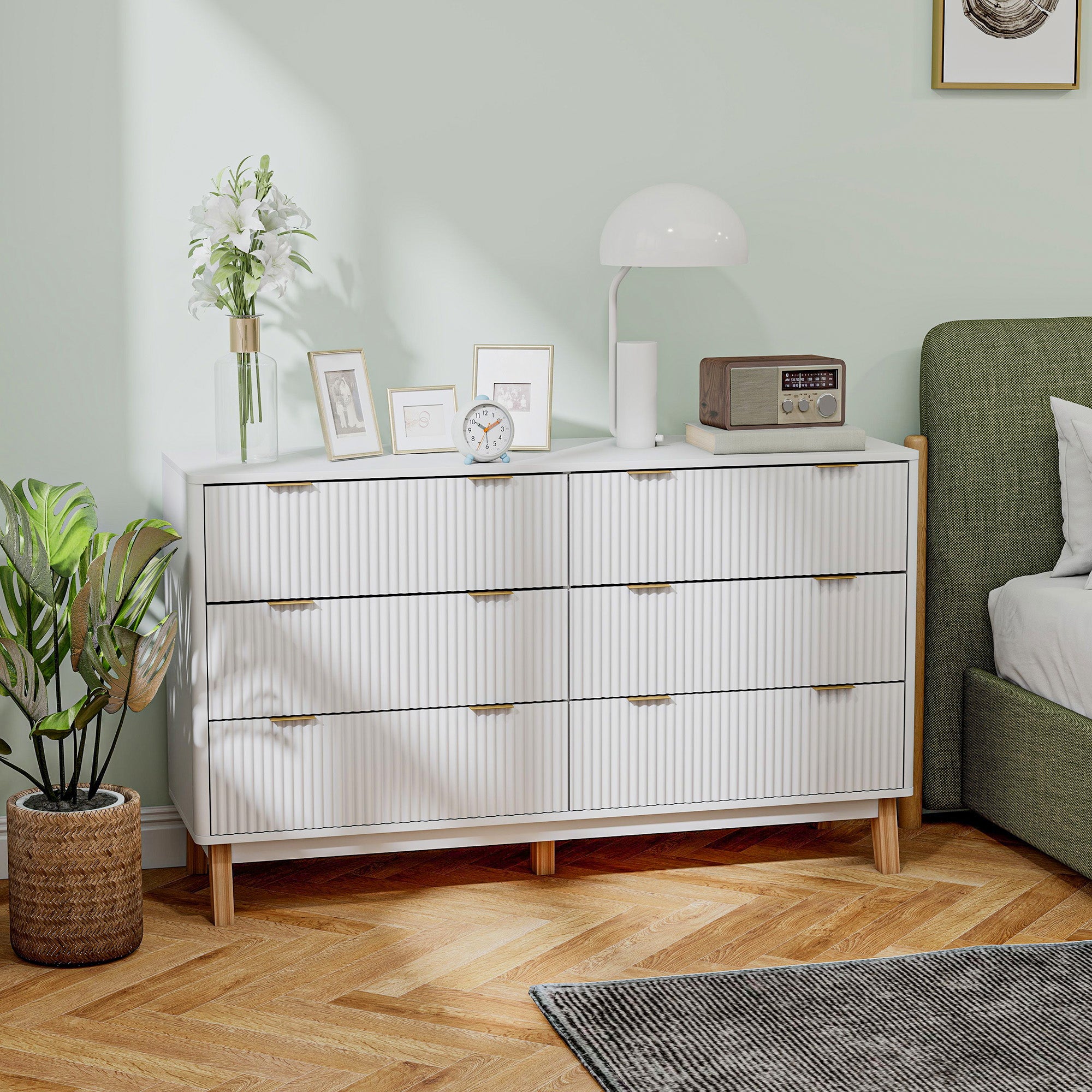 Cómoda Doble de 6 Cajones para Dormitorio, Peinador con Cajones Estriados con Tiradores de Oro y 5 Patas de Madera, Blanco