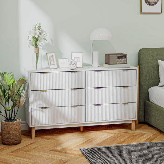 6 Drawer Double Dresser For Bedroom, Fluted Chest Of Drawers With Gold Finger Pulls And 5 Wood Legs, White