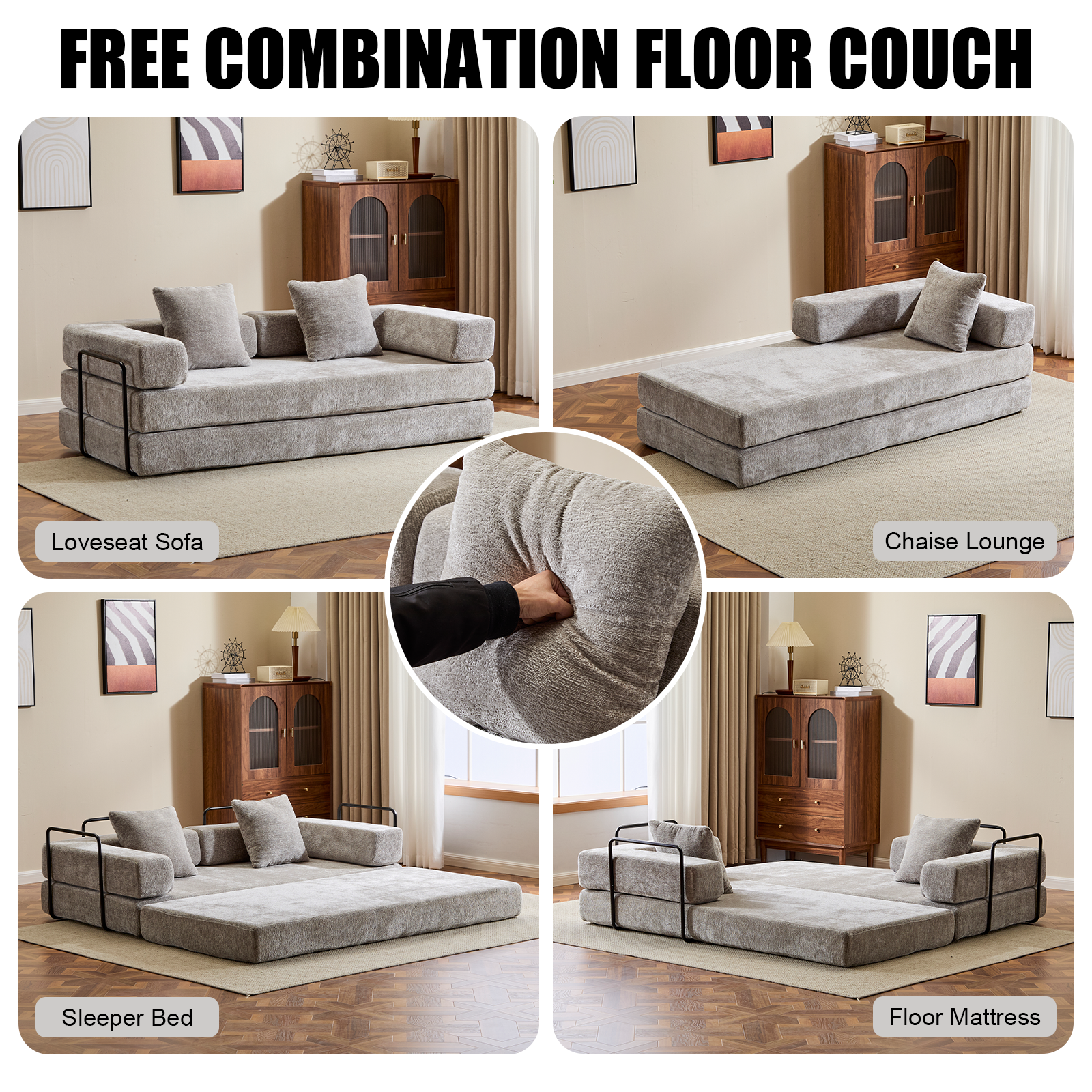 Sofá de Suelo, Sofá con Compresión, Sofá Cama Convertible de Suelo - con Soporte de Espalda en Almohada y Reposabrazos, Sofá Futón Cómodo para Reposar Cama para Dormir, Tejido de Chenille, para Sala de Estar y Dormitorio GRIS CLARO