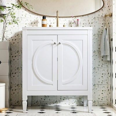 30 Zoll Montage nicht erforderlich Vintage Weißes Badezimmer-Waschbecken mit Keramikwaschbecken, zwei weich schließende Türen, verstellbares Regal, moderner Farmhouse-Stil