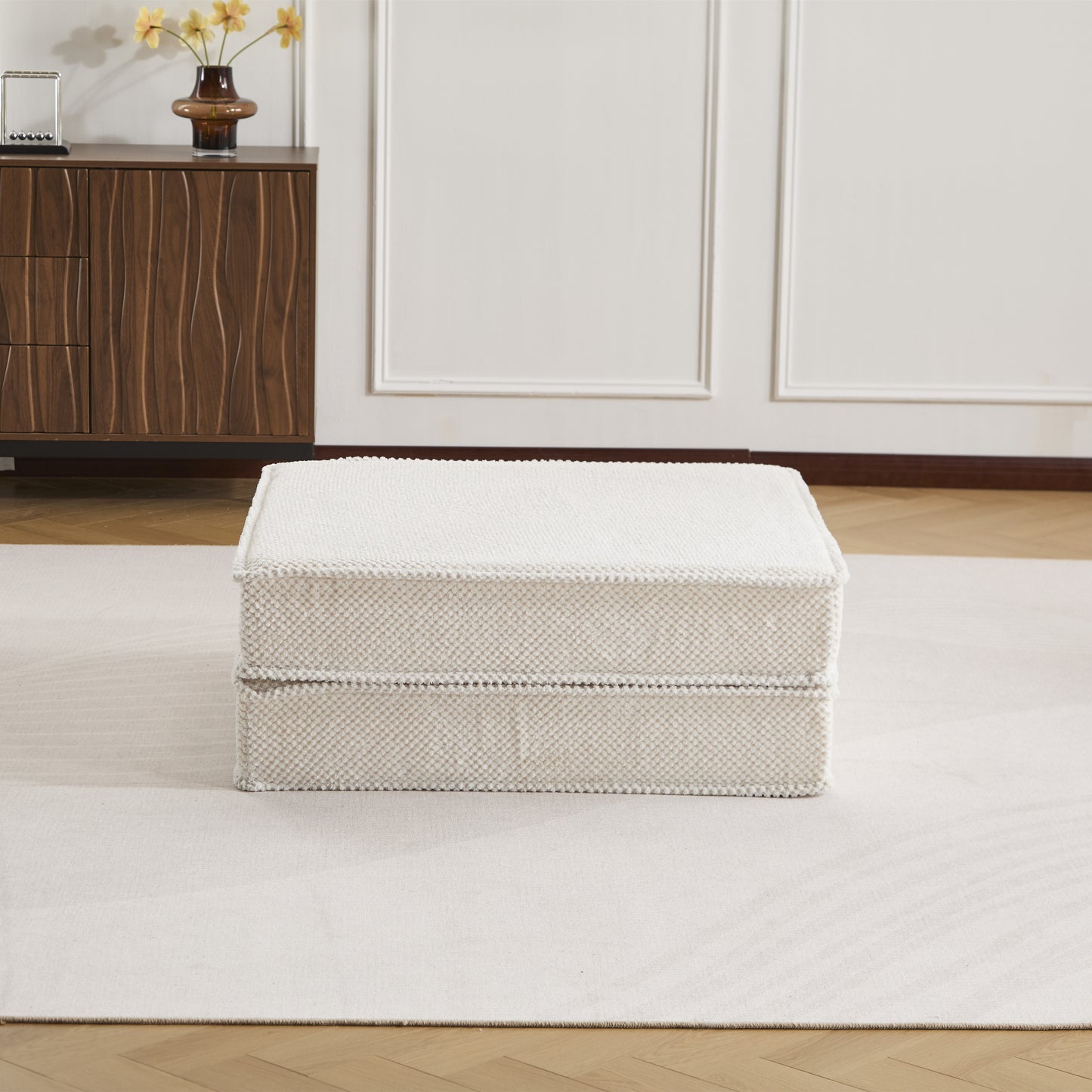 Compression Mahjong Sofa,Convertible Floor Sofa Bed,DIY Boneless Modular Sectional Sofa,No Assembly Required,Circle Fleece Fabric,1 Ottoman,White